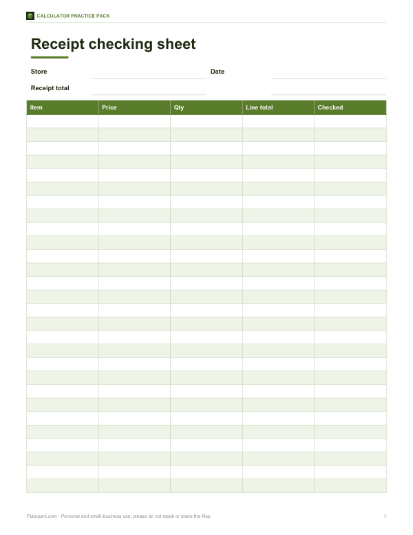 Preview of Printable Receipt Check Sheet